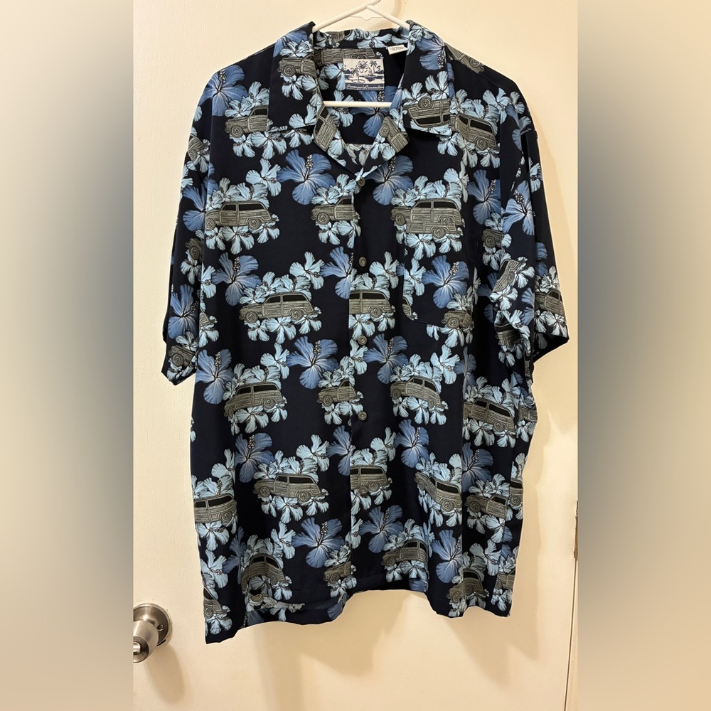 Pineapple Connection Hawaiian Shirt Men's Large Blue Floral Cars